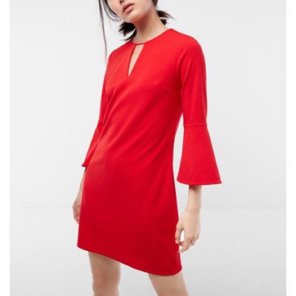 Express Red Bell Sleeves Dress with Keyhole Front